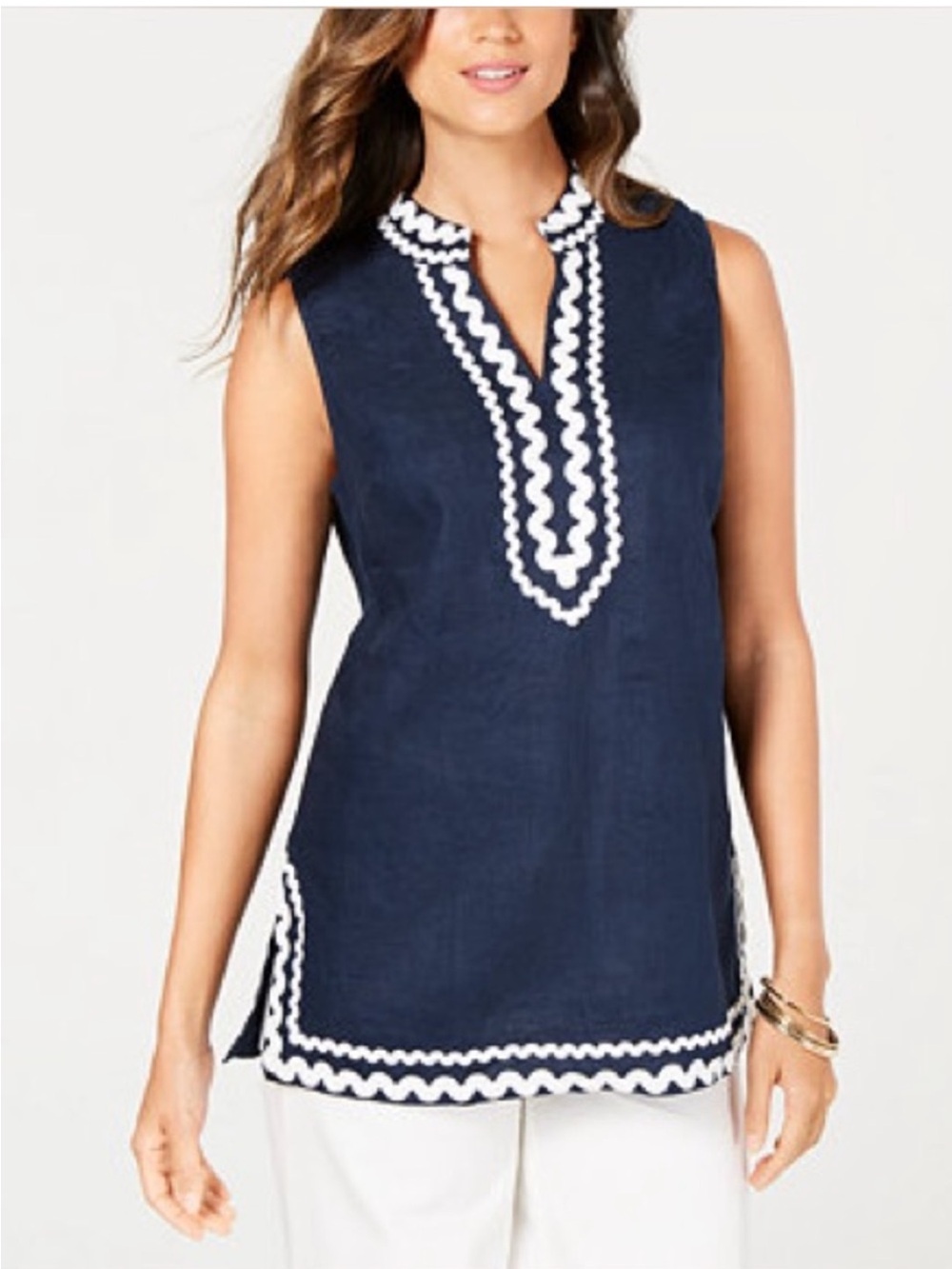 ❗️100% Linen Charter Club Navy Sleeveless Tunic with White Scallop Trim NWT $70!